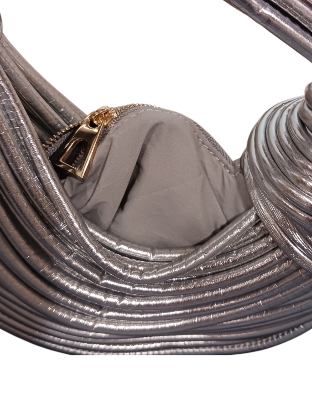 Curved Knotted Noodle Convertible Bag Futuristic Glam Silver Foil - Picture 8 of 9